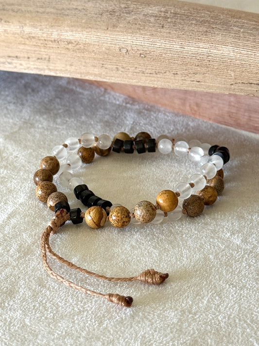 Grounding natural gemstone obsidian, selenite, jasper for breathwork. Mala  bracelet with groups of four beads to guide inhale, hold, exhale, and hold during breathingpractice.