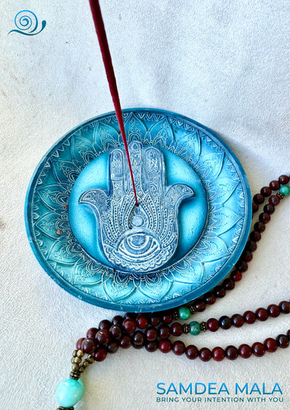 Blue Hamsa Hand Incense Burner – Ceramic Incense Holder with Protective Symbol – Spiritual Home Décor - SAMDEA MALA