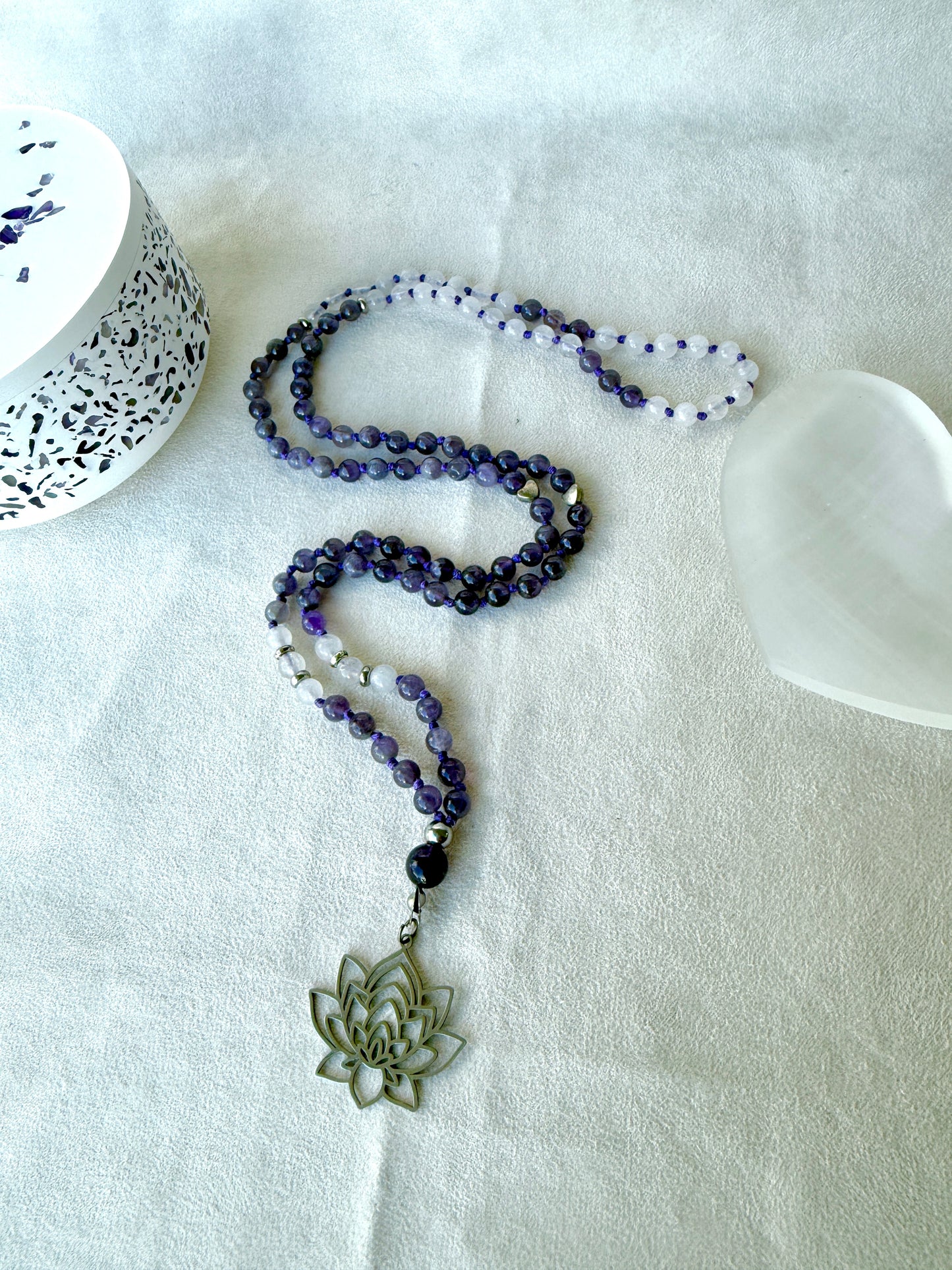 Hand-knotted amethyst & white jade mala necklace for calm and clarity