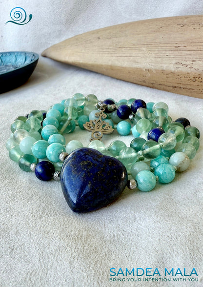 Hand knotted 108 mala beads with blue and green gemstones – sacred tool for mindfulness. Zodiac Sign Virgo. Custom mala for meditation