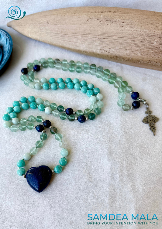 Full view of Handmade Mala Beads – Amazonite, Fluorite and Lapis Lazuli for Meditation, Clarity & Healing with unalome and lotus charm by Samdea mala. Mala for Virgo.