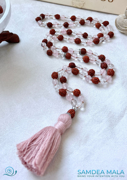 Full view fo Spiritual jewelry mala necklace for daily intention and meditation with rudraksha seeds and quartz