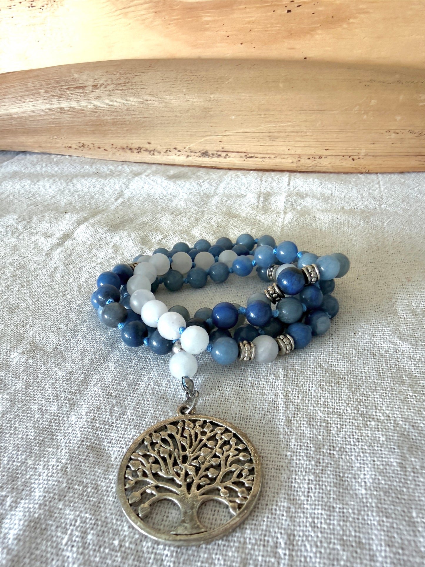 Detail of Blue Aventurine Short Mala Necklace – 81 Bead Mala with Frosted Clear Quartz and Tree of Life Pendant, Mala for Meditation and Inner Calm