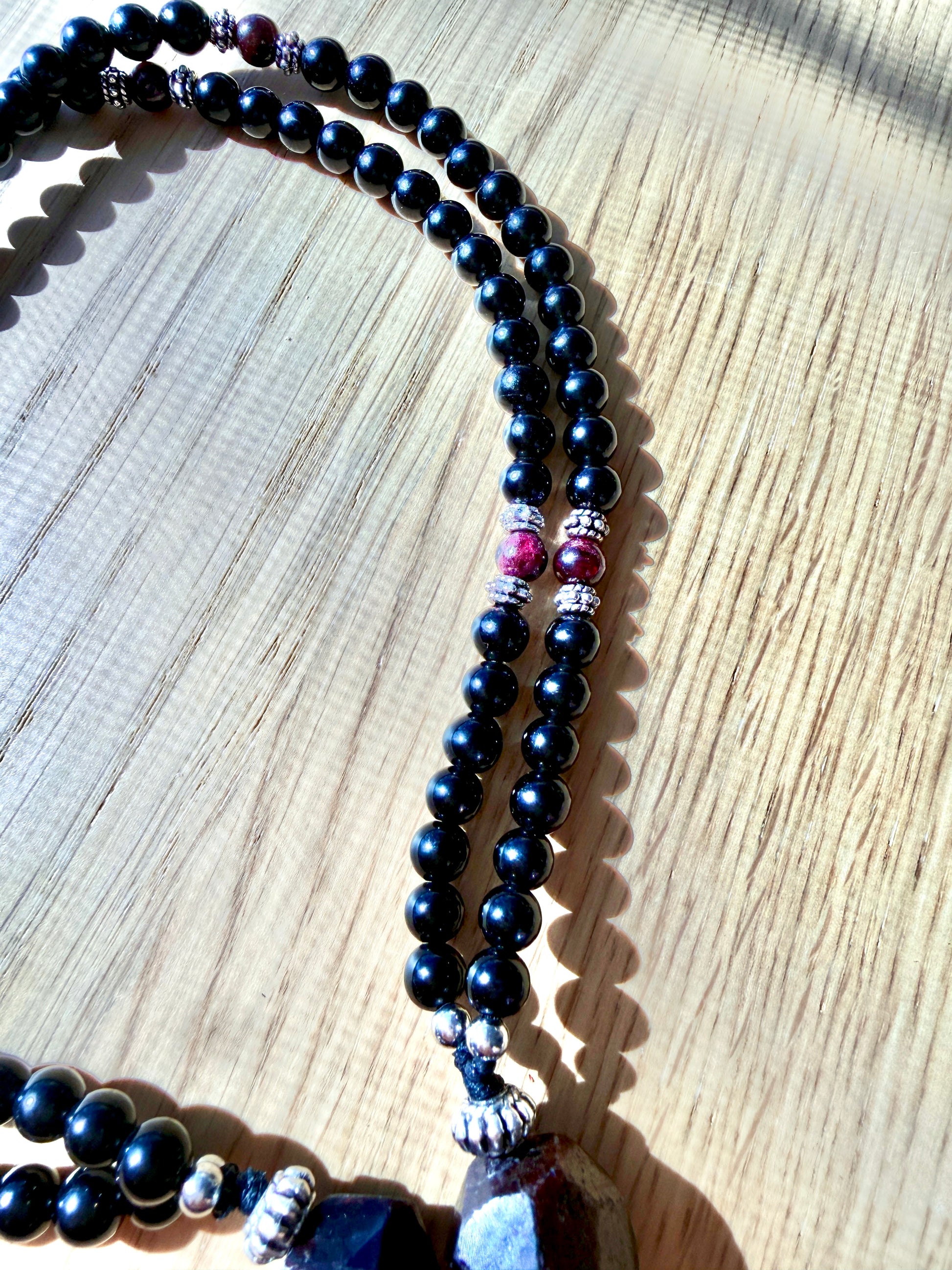Nichiren Black Juzu with Obsidian, Garnet and Clear Quartz | Buddhist Prayer Beads for Protection and Enlightenment - Samdea Mala