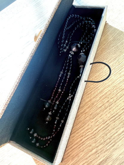 Nichiren Black Juzu with Obsidian, Garnet and Clear Quartz | Buddhist Prayer Beads for Protection and Enlightenment - Samdea Mala