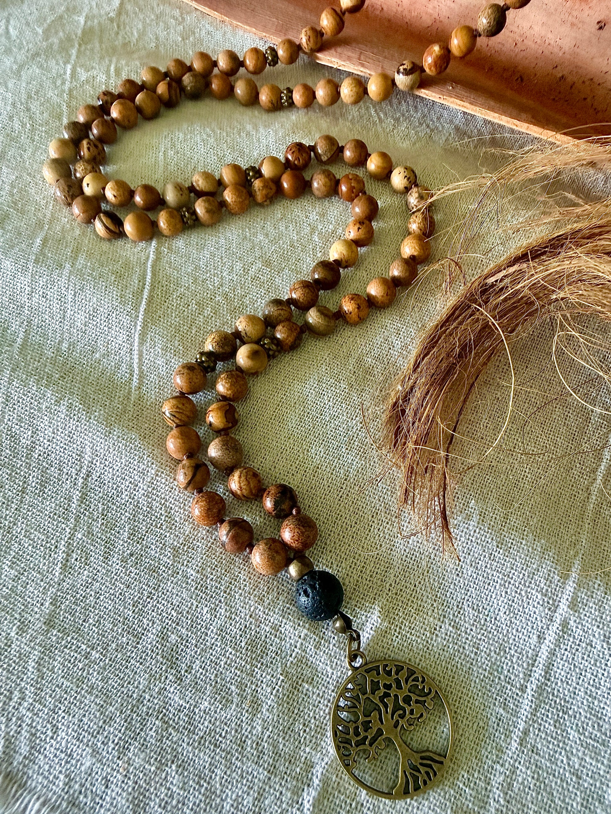 Strength: Sand Jasper Mala Necklace – 108 Beads for Meditation with Lava Stone Meru and Tree of Life Pendant - Samdea Mala