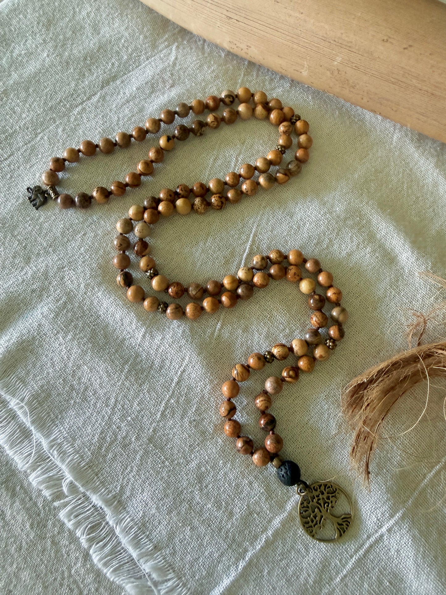 Strength: Sand Jasper Mala Necklace – 108 Beads for Meditation with Lava Stone Meru and Tree of Life Pendant - Samdea Mala