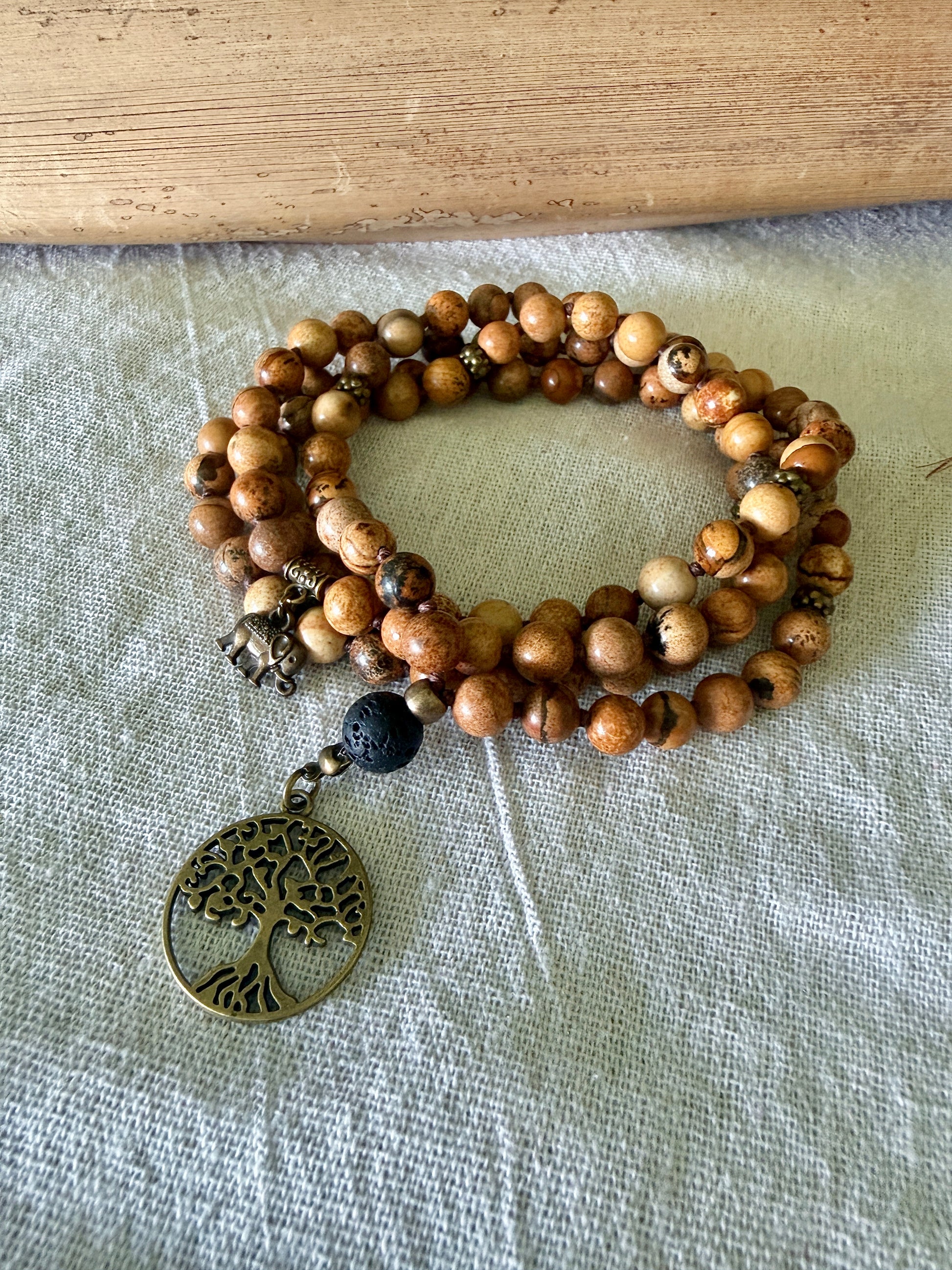 Strength: Sand Jasper Mala Necklace – 108 Beads for Meditation with Lava Stone Meru and Tree of Life Pendant - Samdea Mala