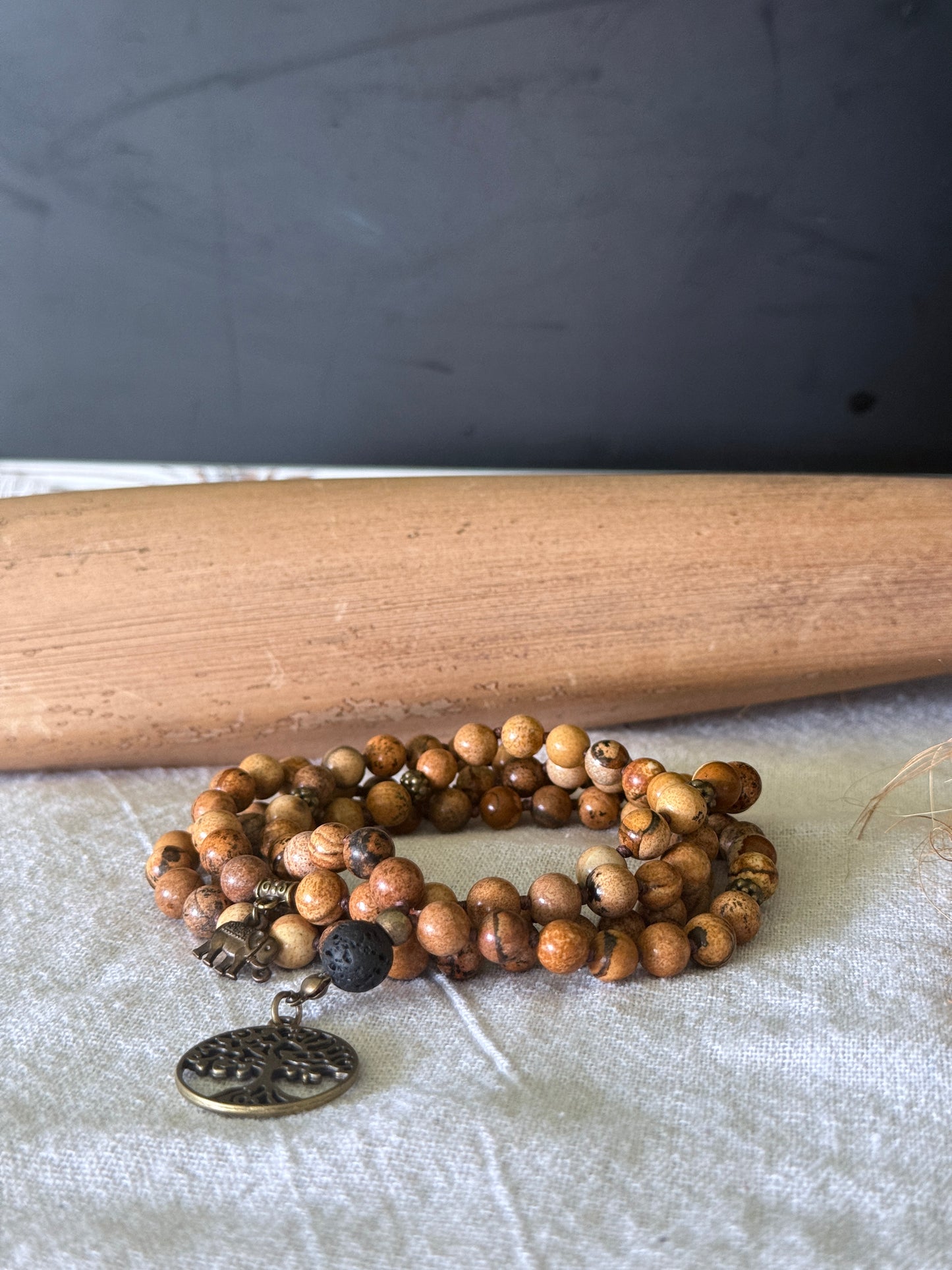 Strength: Sand Jasper Mala Necklace – 108 Beads for Meditation with Lava Stone Meru and Tree of Life Pendant - Samdea Mala