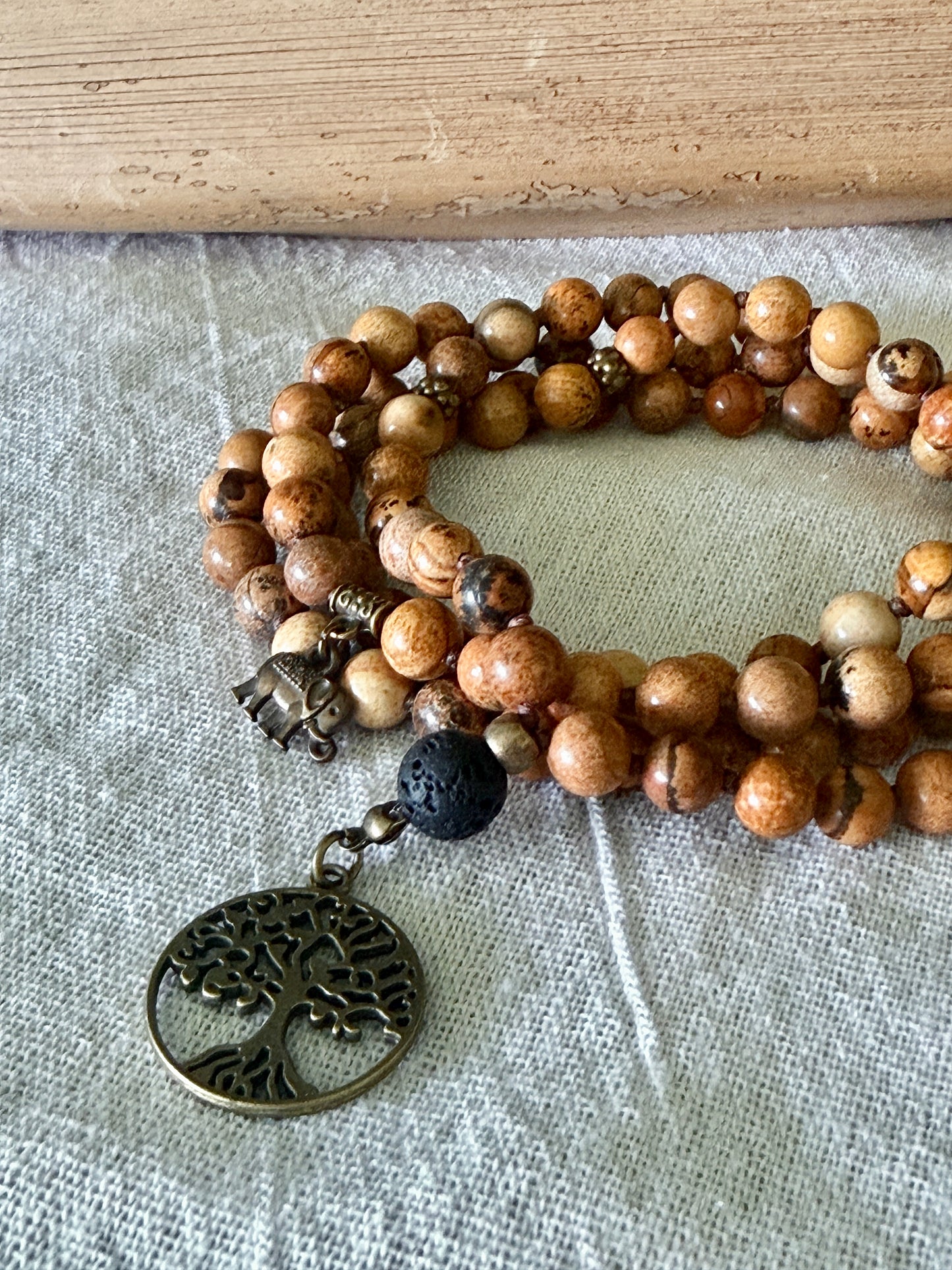 Strength: Sand Jasper Mala Necklace – 108 Beads for Meditation with Lava Stone Meru and Tree of Life Pendant - Samdea Mala