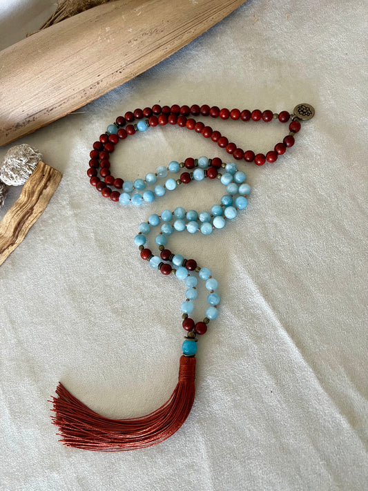 Mala in Red Wood and Aquamarine