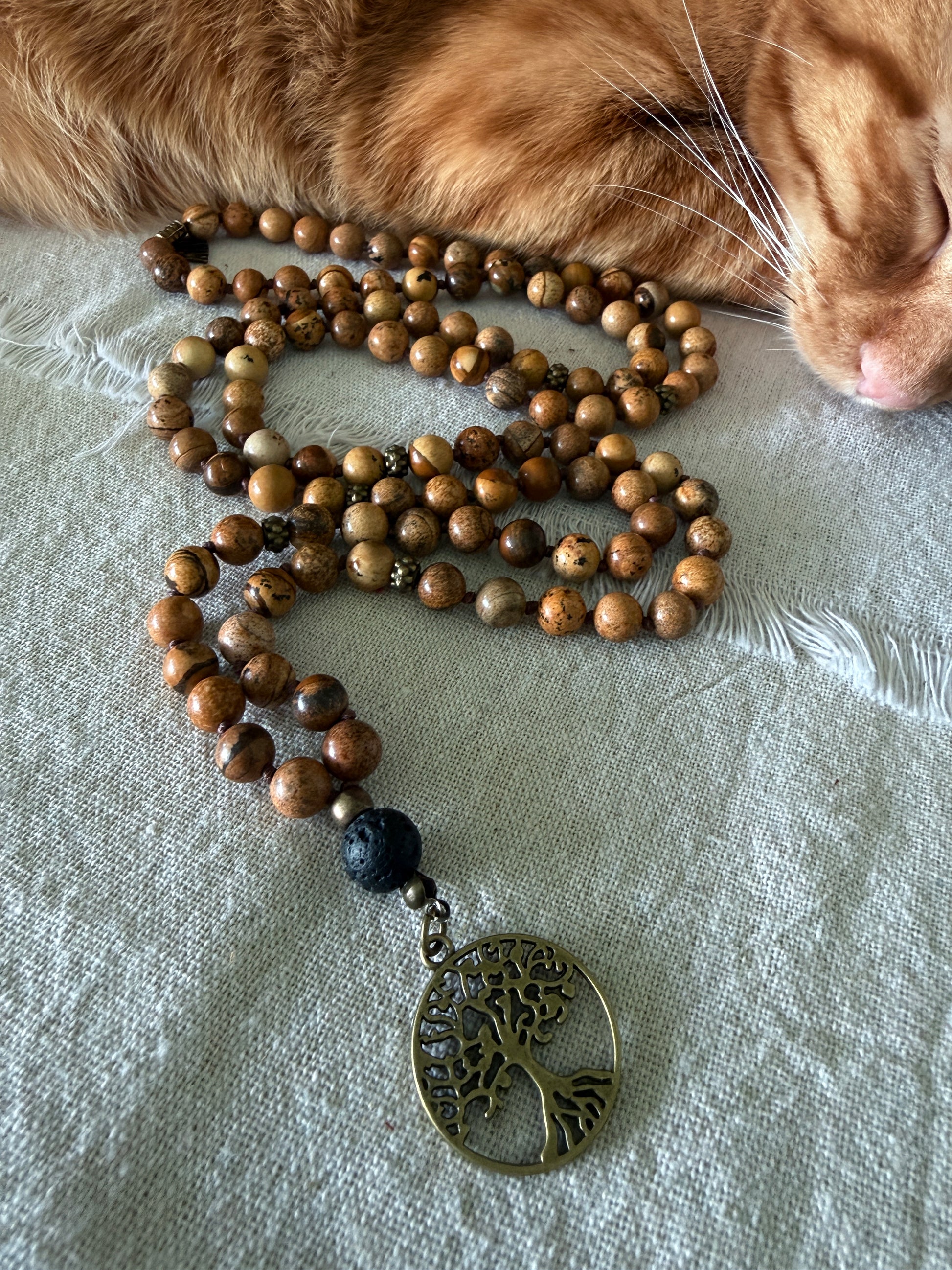 Strength: Sand Jasper Mala Necklace – 108 Beads for Meditation with Lava Stone Meru and Tree of Life Pendant - Samdea Mala
