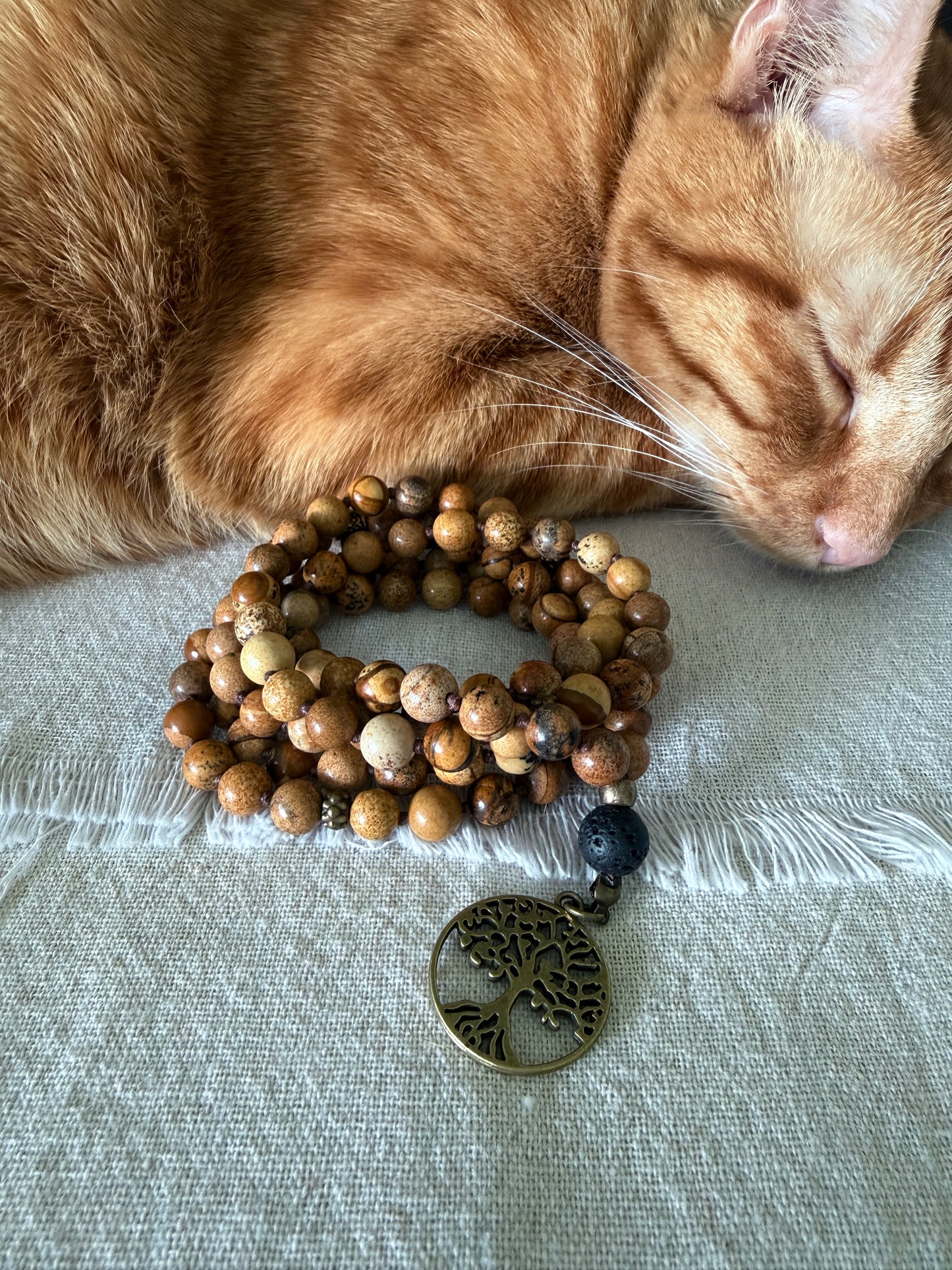 Strength: Sand Jasper Mala Necklace – 108 Beads for Meditation with Lava Stone Meru and Tree of Life Pendant - Samdea Mala
