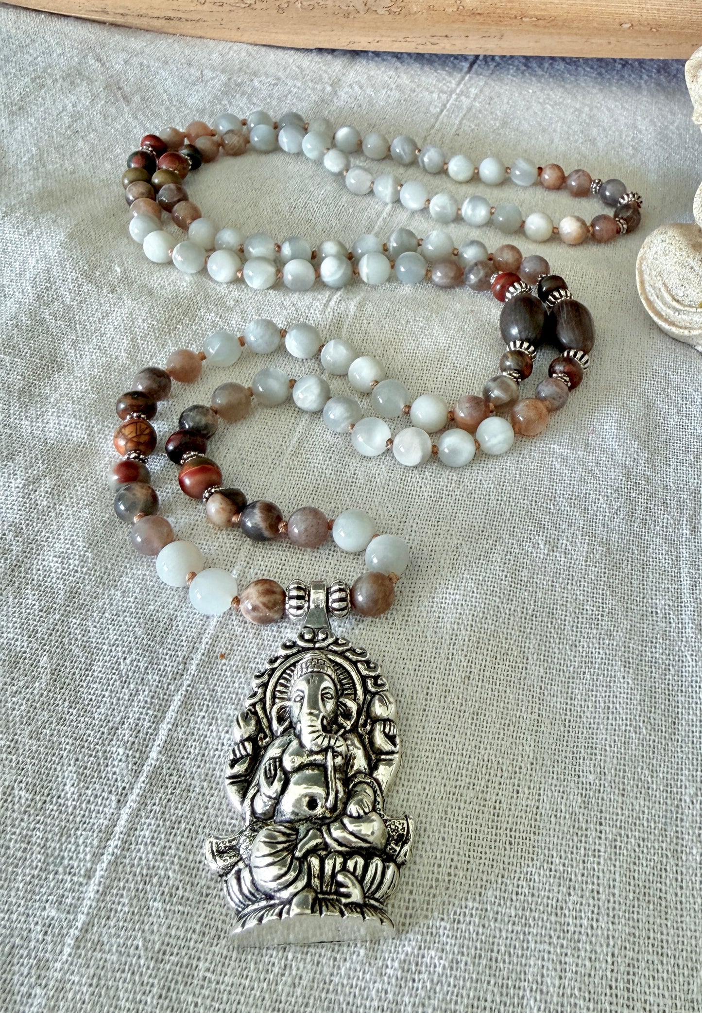 Mala for Obstacle Removal with Black and Gray Moonstone, Landscape Jasper, and Ganesha Pendant - Samdea Mala