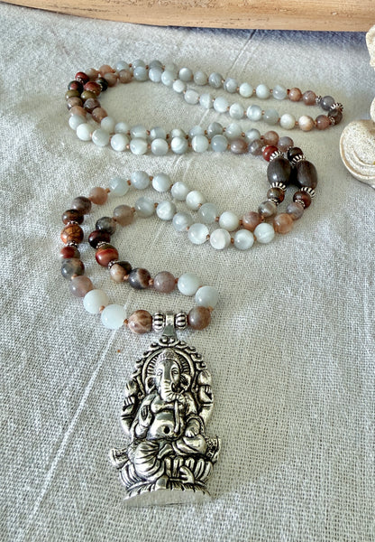 Mala for Obstacle Removal with Black and Gray Moonstone, Landscape Jasper, and Ganesha Pendant - Samdea Mala