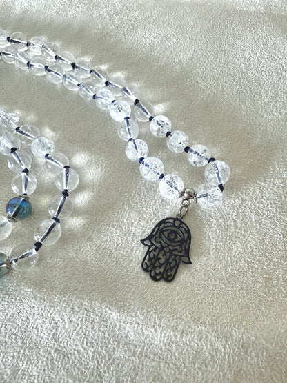 Collana Mala in Quarzo Ialino, Perline Aqua Aura, 108 Perline da Preghiera Meditative, Ciondolo Hamsa