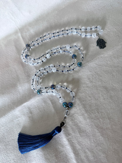 Collana Mala in Quarzo Ialino, Perline Aqua Aura, 108 Perline da Preghiera Meditative, Ciondolo Hamsa