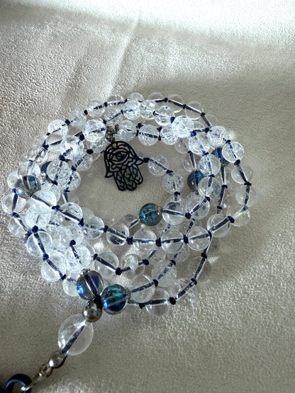 Collana Mala in Quarzo Ialino, Perline Aqua Aura, 108 Perline da Preghiera Meditative, Ciondolo Hamsa