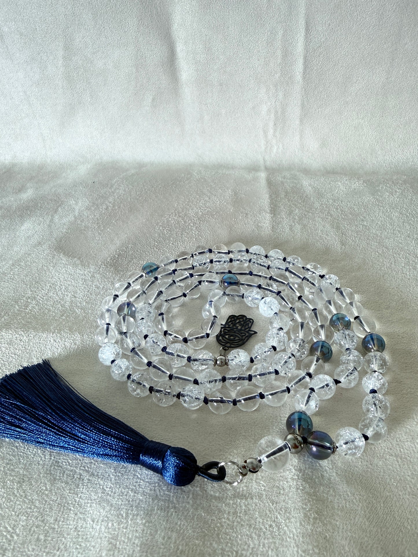 Collana Mala in Quarzo Ialino, Perline Aqua Aura, 108 Perline da Preghiera Meditative, Ciondolo Hamsa