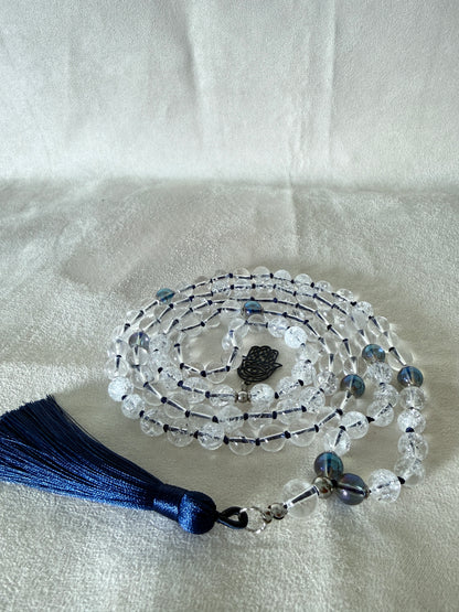Collana Mala in Quarzo Ialino, Perline Aqua Aura, 108 Perline da Preghiera Meditative, Ciondolo Hamsa
