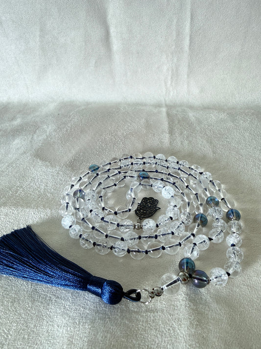 Clear Quartz Mala Necklace, Aqua Aura Beads, 108 Meditation Prayer Beads, Hamsa Charm