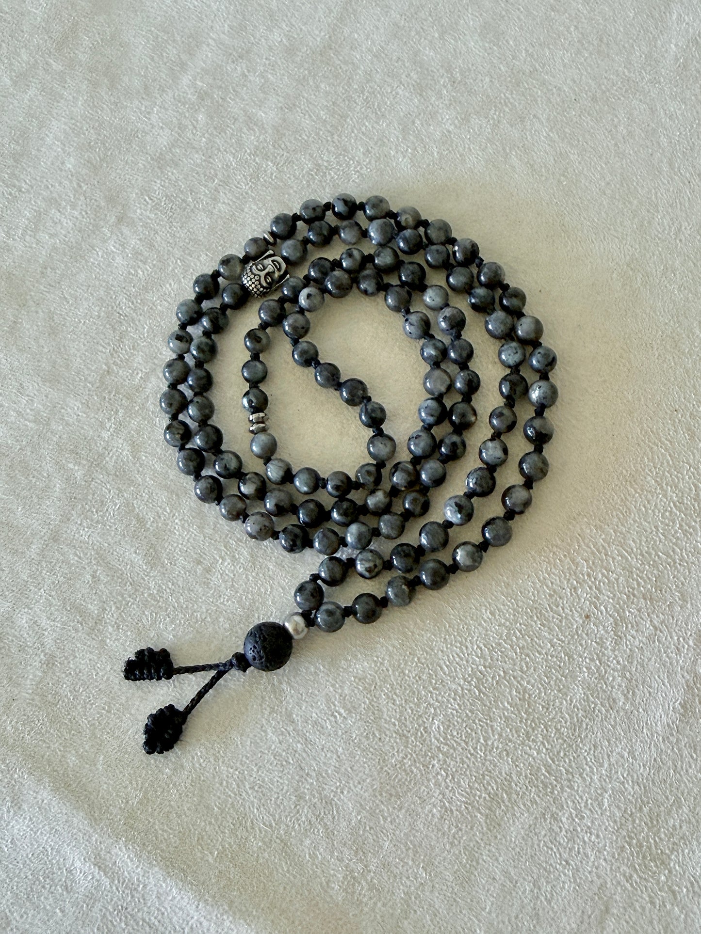 Larvikite Mala Necklace with Lava Stone Meru and Buddha Charm: Inner Stability - Samdea Mala