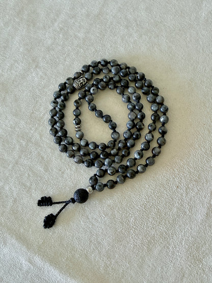 Larvikite Mala Necklace with Lava Stone Meru and Buddha Charm: Inner Stability - Samdea Mala