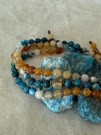 The Sun and The Sea Wrap Mala Bracelet - 108 Beads Meditation Necklace - Natural Gemstone Jewelry for Mindfulness & Intuition
