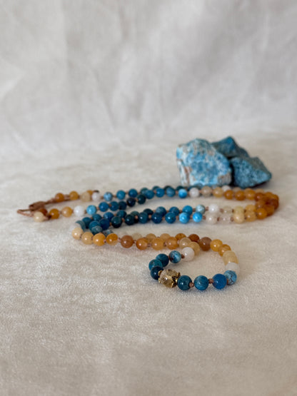 The Sun and The Sea Wrap Mala Bracelet - 108 Beads Meditation Necklace - Natural Gemstone Jewelry for Mindfulness & Intuition