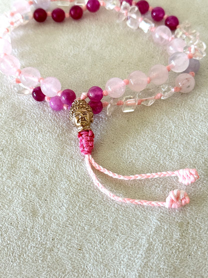 Mala del Respiro Quadrato – Mezzo Mala in Quarzo rosa, Quarzo Ialino e agata rosa per Respirazione Quadrata e Meditazione