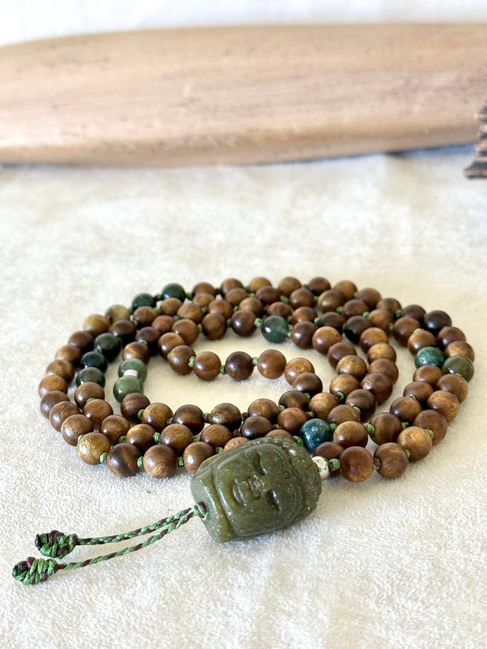 Sandalwood and Indian agate mala necklace with jade Buddha pendant