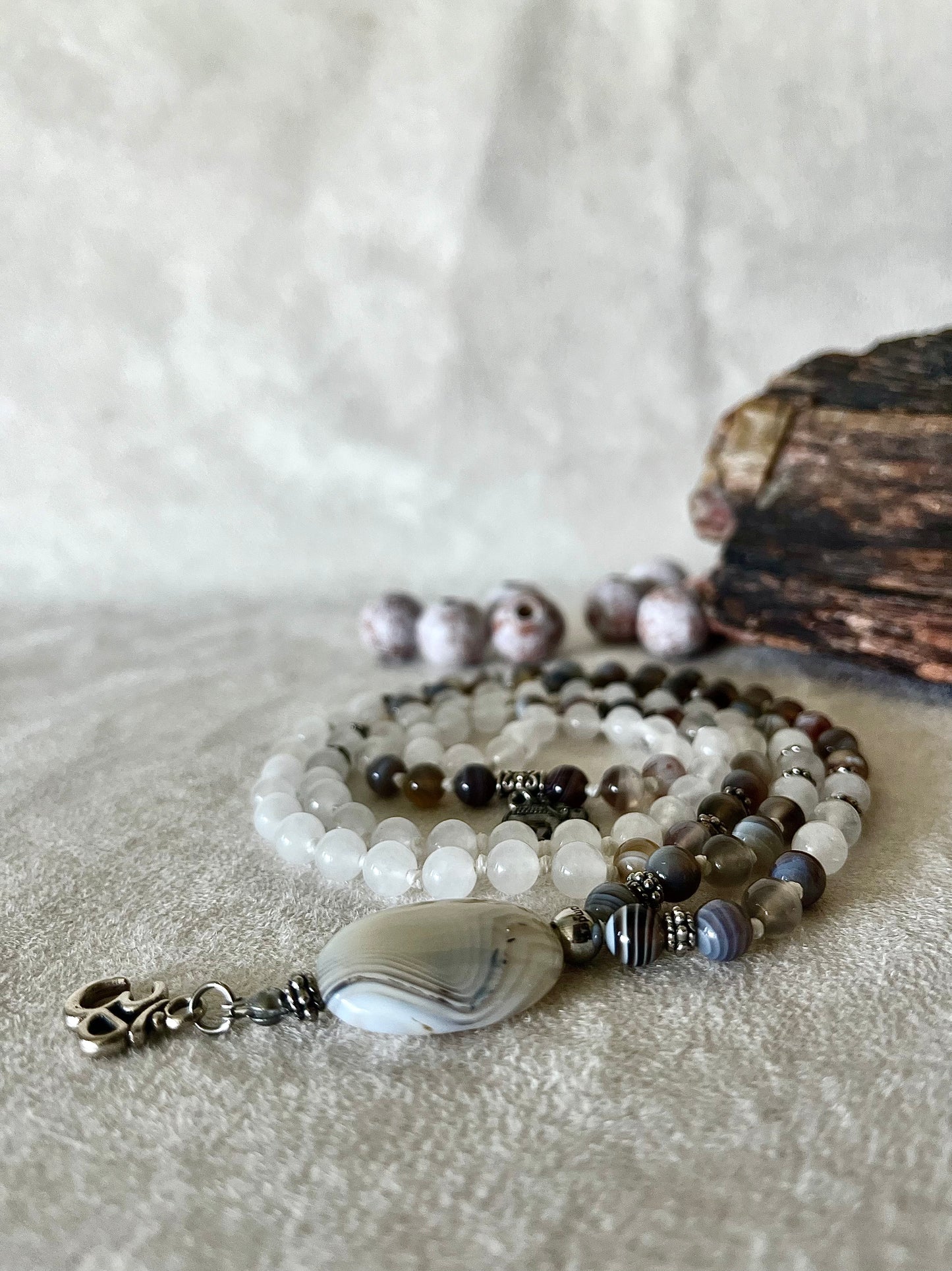 Mini Mala in Selenite, Botswana Agate and Dendritic Agate