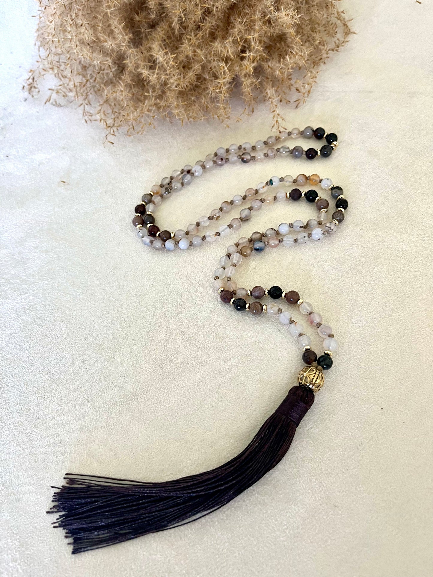 Mini Mala in Dendritic Agate and Petrified Wood