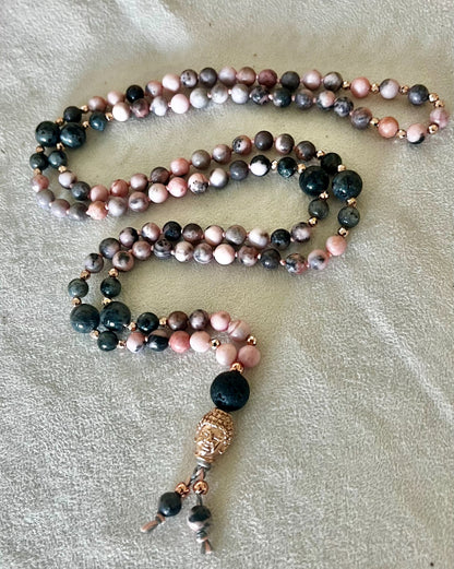Mini Mala Beads Necklace Handmade – Zebra Jasper and Labradorite - meditation bracelet, intention bracelets, custom mala, tibetan wrist mala, energy crystals bracelets, spiritual mala, bracelets with crystals, custom mala bracelet, natural gemstones bracelets - Samdea Mala