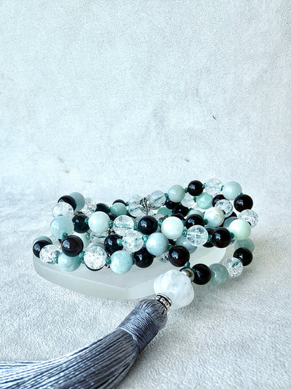 Aquamarine, Garnet & Clear Quartz Mala Necklace – 108 Prayer Beads with Milky Quartz Meru, Lotus & Om Charms | Custom Meditation Mala