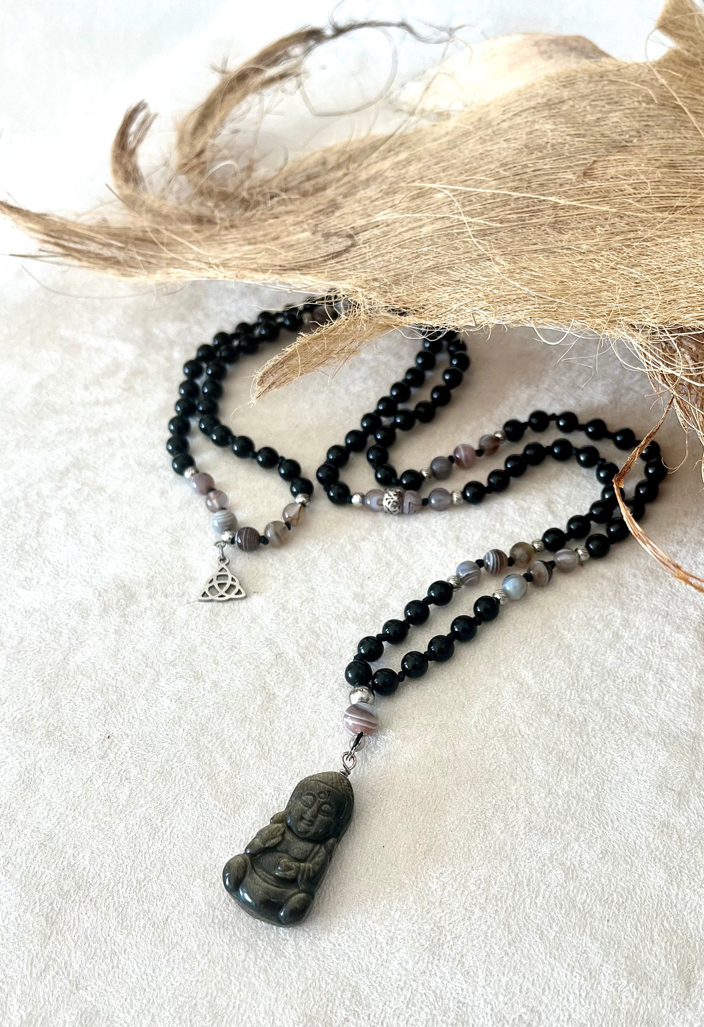 Mala, Short Mala or Mini Mala in Obsidian and Botswana Agate with Buddha