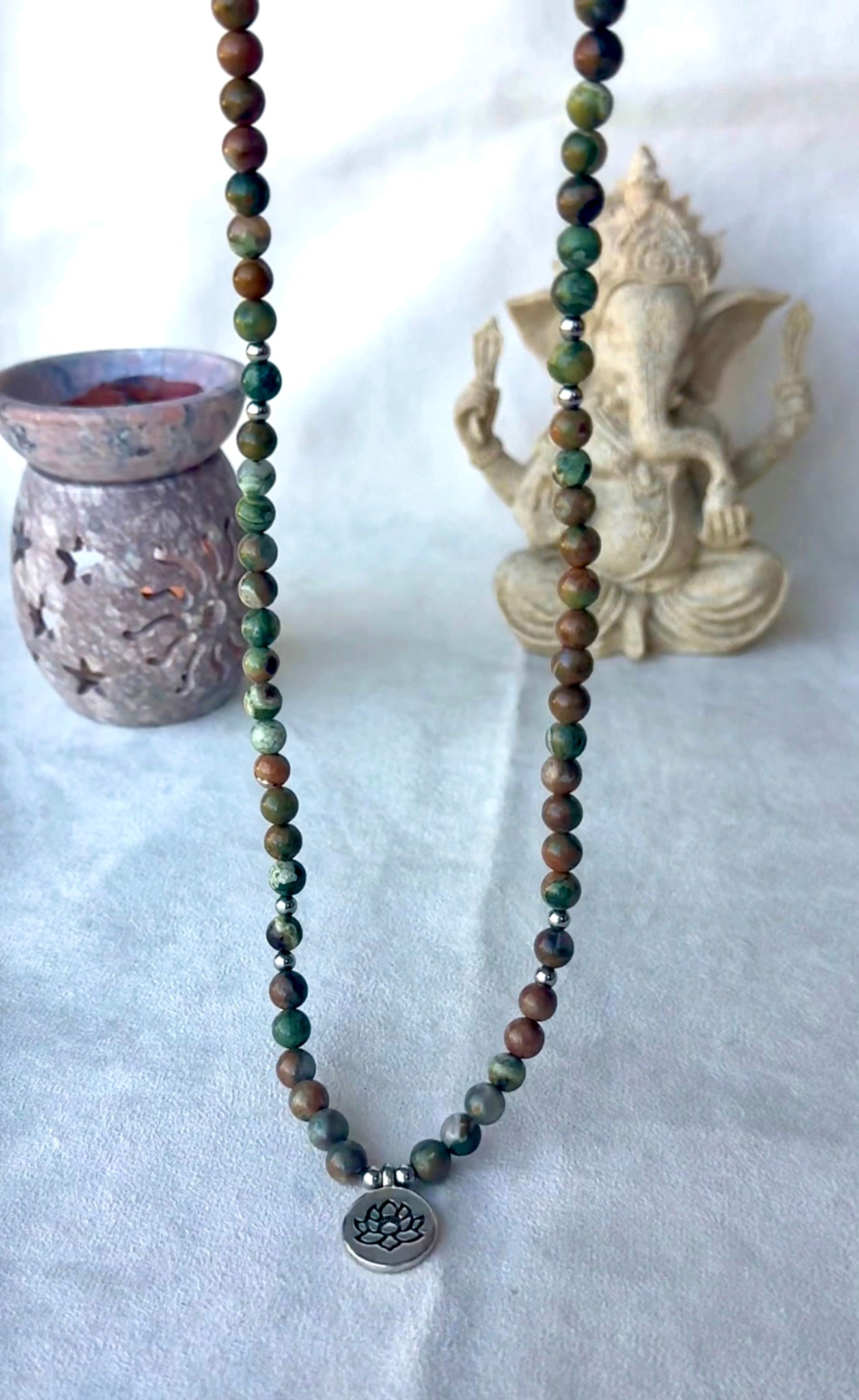 Rhyolite Jasper Mala Wrap Bracelet with Small Lotus Charm – Grounding Spiritual Jewelry - Samdea Mala