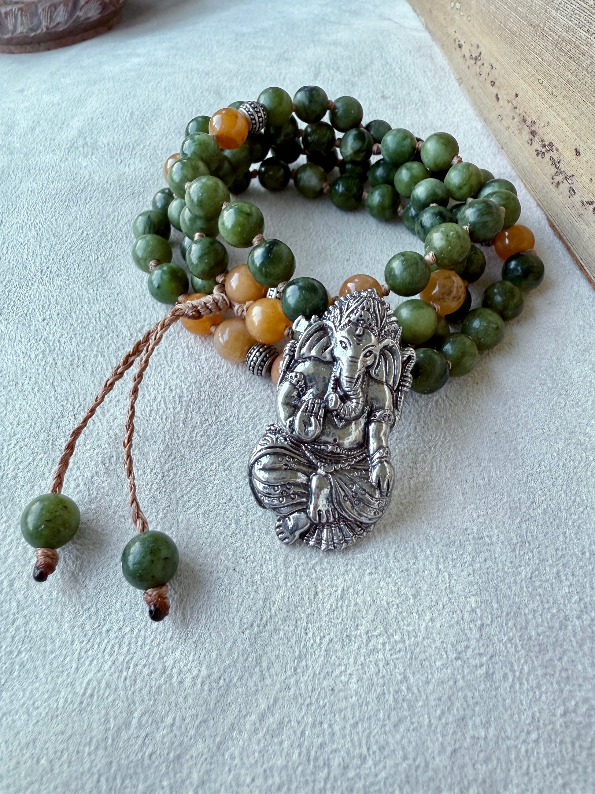 Green & Yellow Jade Short Mala for Abundance — Ganesha Pendant, 81 Prayer Beads | Meditation Mala Necklace - Samdea Mala