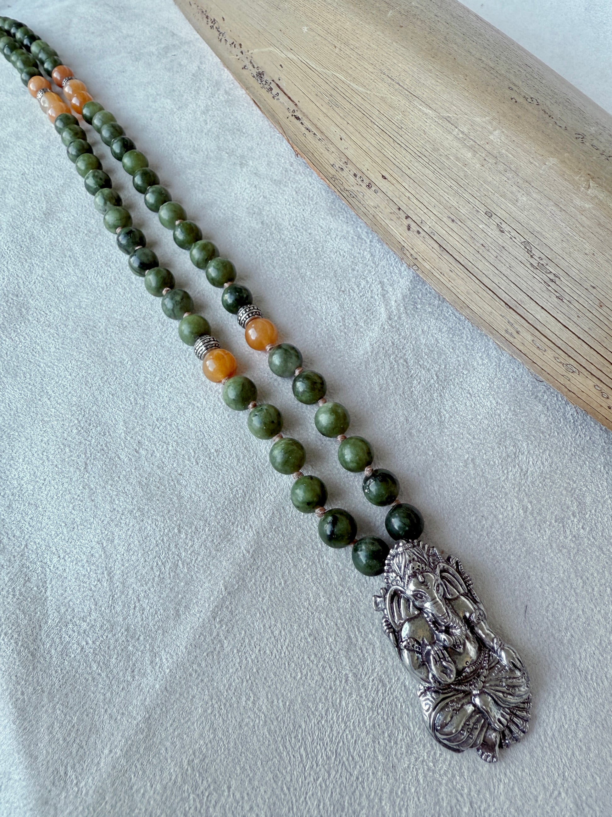 Green & Yellow Jade Short Mala for Abundance — Ganesha Pendant, 81 Prayer Beads | Meditation Mala Necklace - Samdea Mala