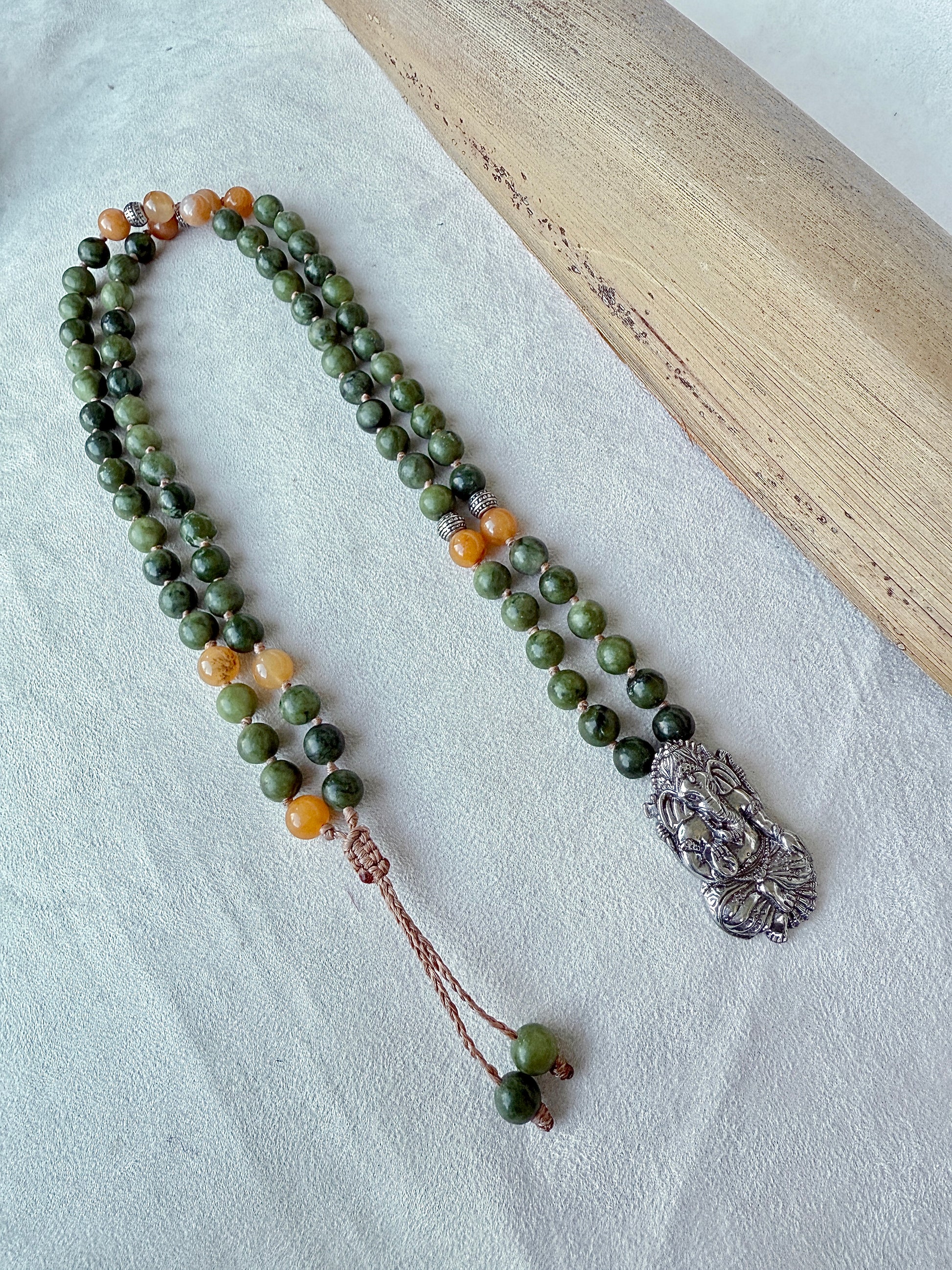 Green & Yellow Jade Short Mala for Abundance — Ganesha Pendant, 81 Prayer Beads | Meditation Mala Necklace - Samdea Mala