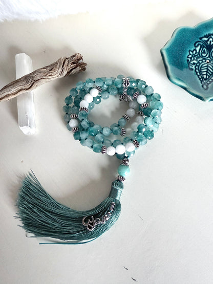 108 Quartz Mala Necklace with White Agate and Amazonite – Hand Knotted Prayer Beads for Meditation