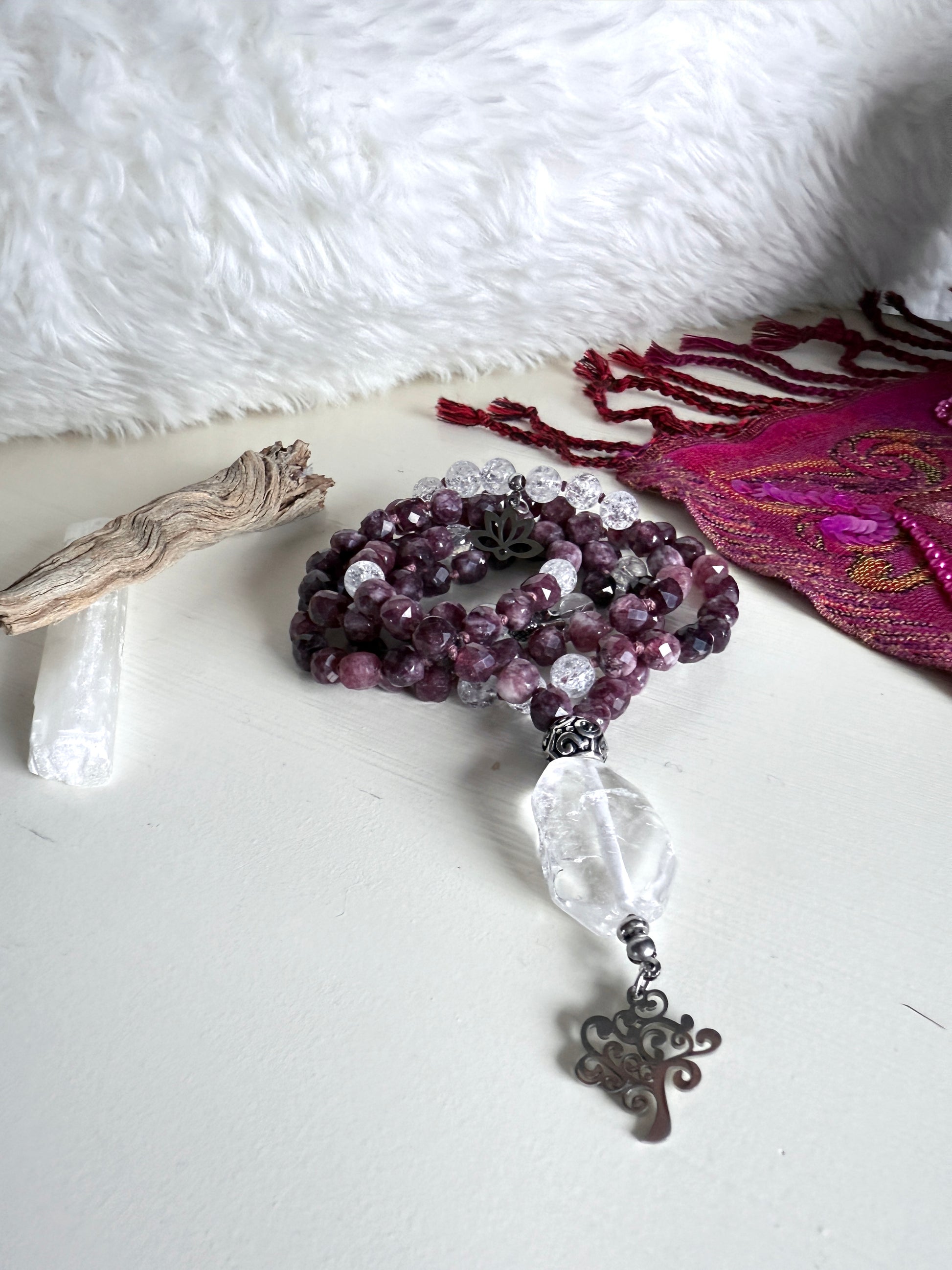 Faceted Quartz Mala Necklace - Almandine Garnet Mala for Grounding & Self-Confidence - Samdea Mala