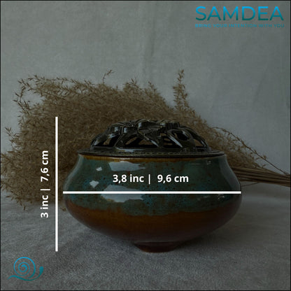 Ceramic Bowl with Decorative Lid – 3" Home Decor Accessory for Incense Cone - Samdea Mala