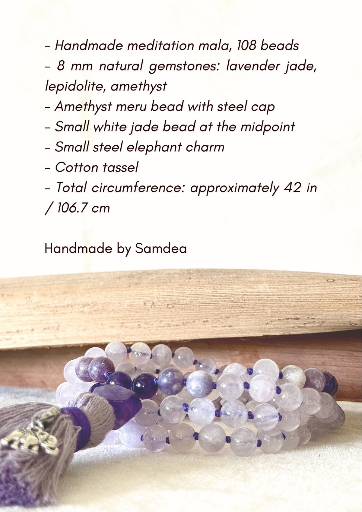 Infographic listing the mala's specifications: 108 beads, 8mm lavender jade, lepidolite and amethyst, amethyst meru bead, cotton tassel and elephant charm, total length approximately 42 inches