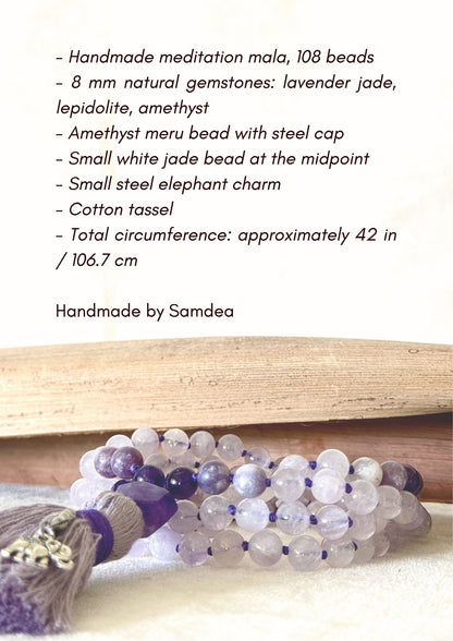 Infographic listing the mala's specifications: 108 beads, 8mm lavender jade, lepidolite and amethyst, amethyst meru bead, cotton tassel and elephant charm, total length approximately 42 inches