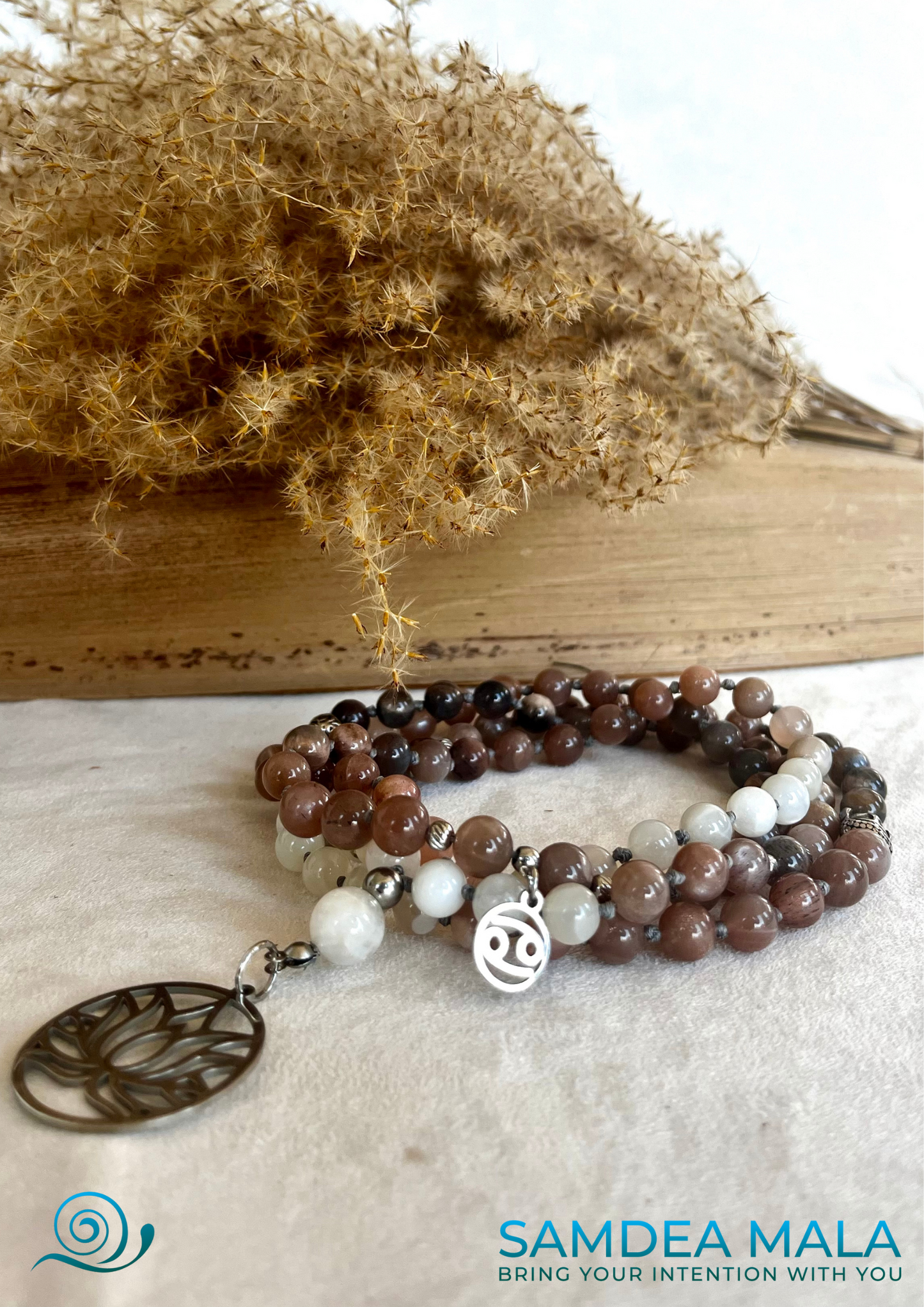 Mala for Cancer - custom mala beads, spiritual mala, gemstone necklace, gemstone for zodiac sign, zodiac crystal, zodiac gemstones - Samdea Mala