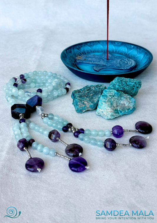 Soka Gakkai Japanese Buddhist juzu, handmade prayer beads for Daimoku chanting and meditation. Nam Myoho Renge Kyo SGI - with amethyst and aquamarine. Samdea Mala 
