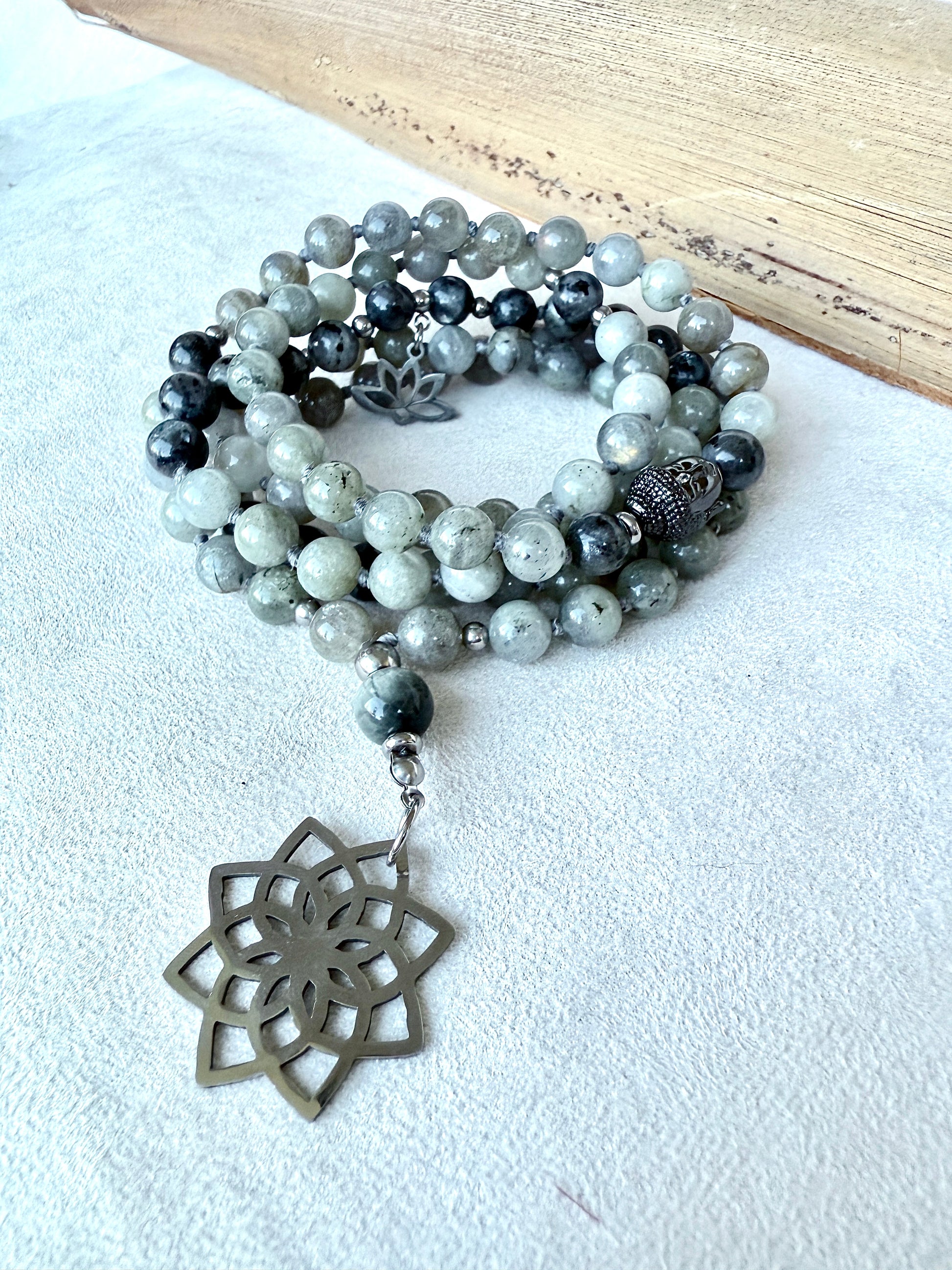 Samdea Mala handmade Labradorite mala necklace with Buddha charm- success and inner light