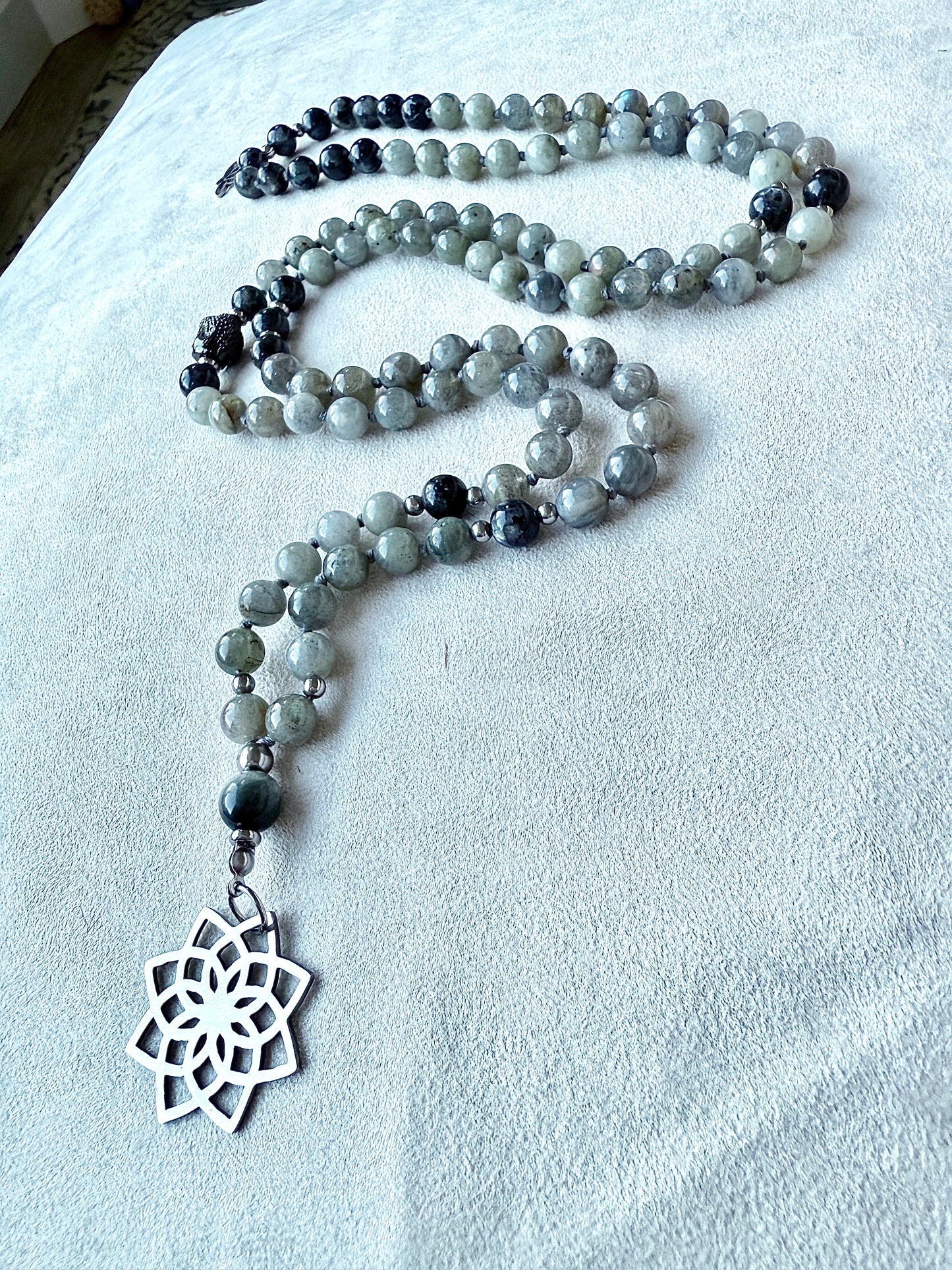 Samdea Mala in Labradorite with Hawk’s Eye Meru, 108 beads, meditation mala necklace
