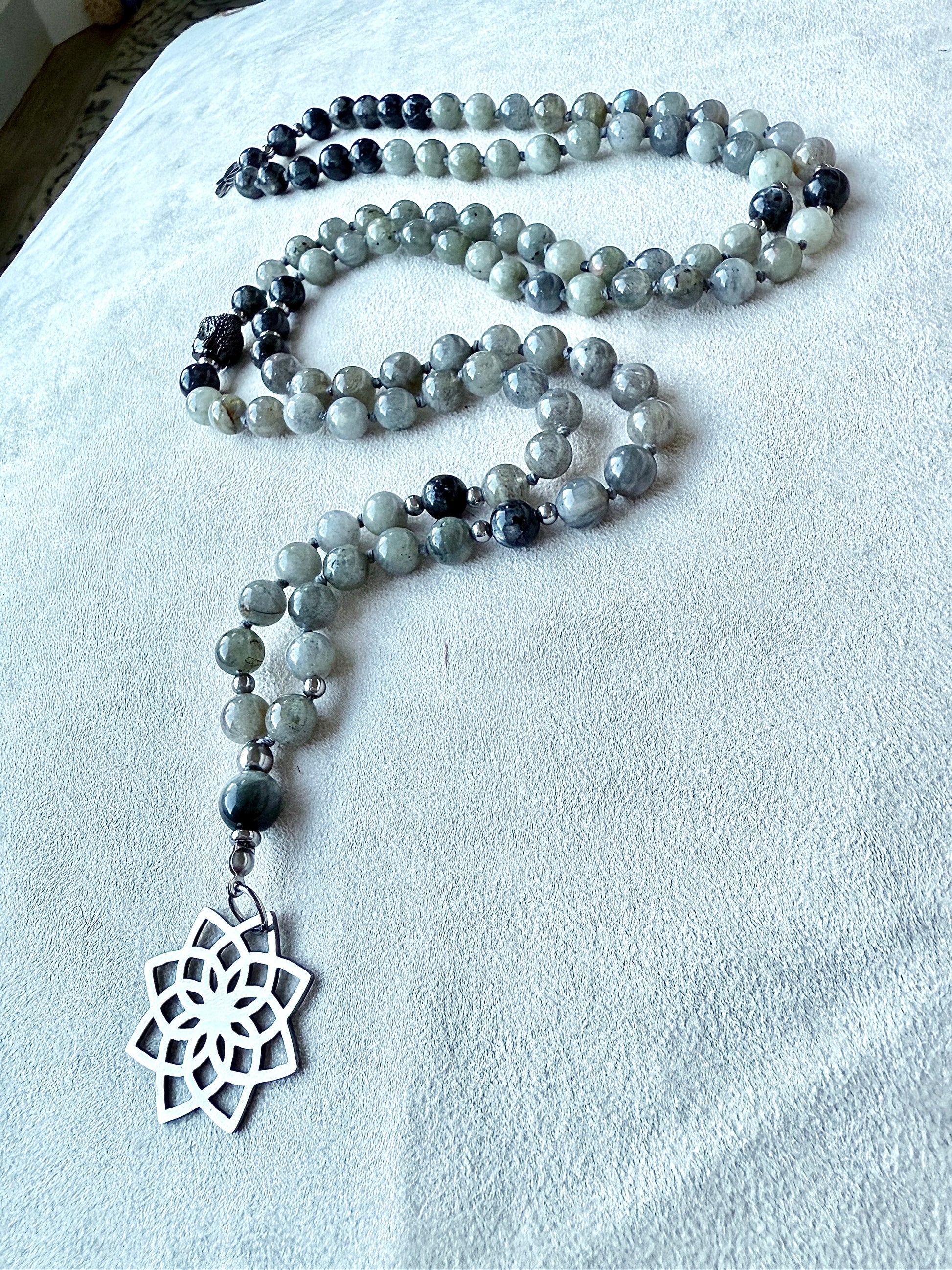 Samdea Mala in Labradorite with Hawk’s Eye Meru, 108 beads, meditation mala necklace